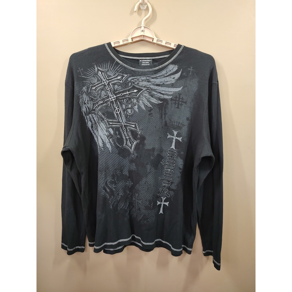No Boundaries Mens 2XL Black Thermal Gothic Cross Wing Graphic Waffle Knit Shirt
